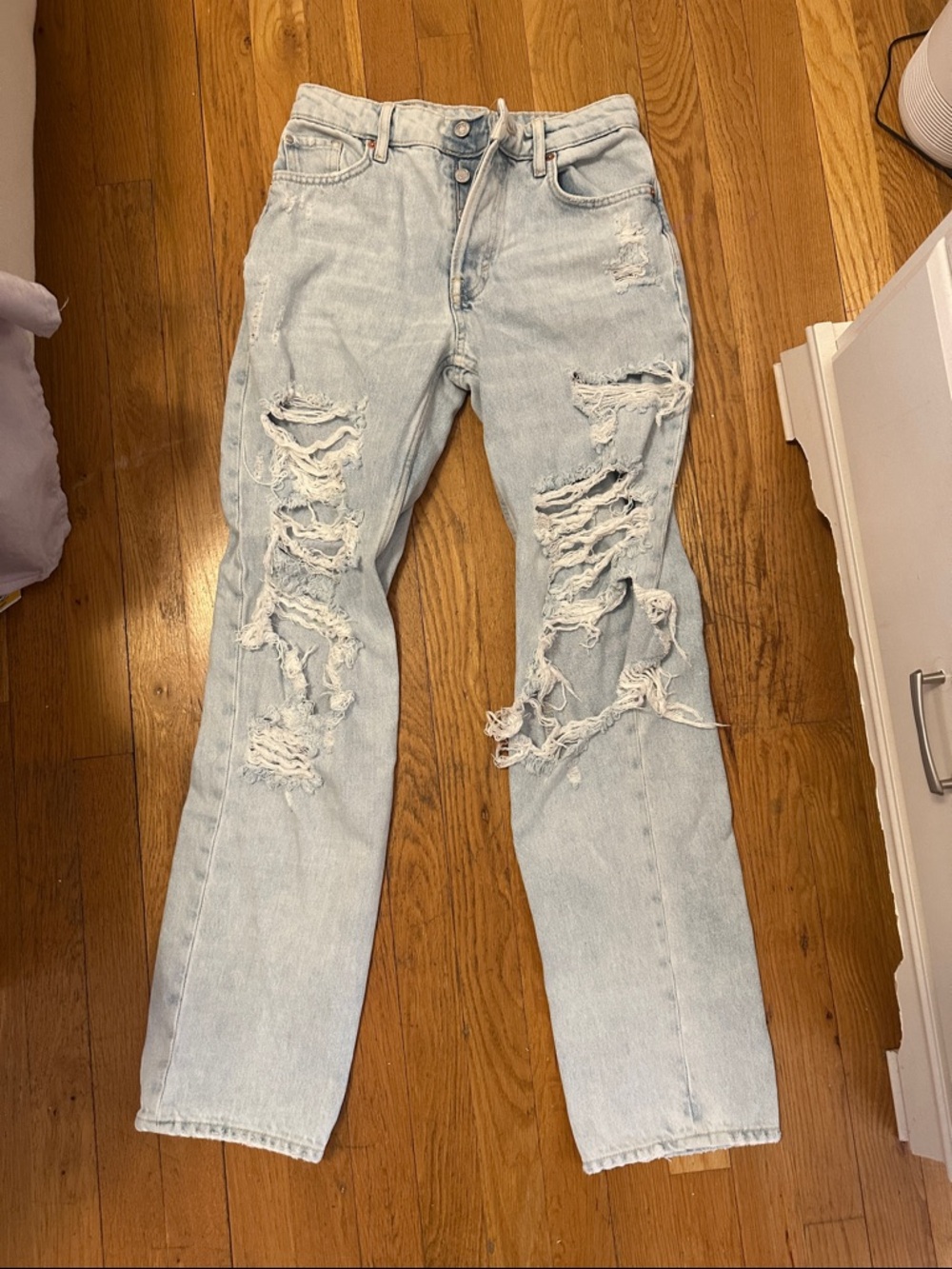H&M Light Blue Distressed Straight-Leg Jeans